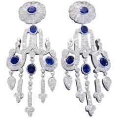 Italian 4.00 Carats Diamonds Blue Sapphire Gold Chandelier Earrings 1