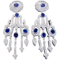 Italian 4.00 Carats Diamonds Blue Sapphire Gold Chandelier Earrings