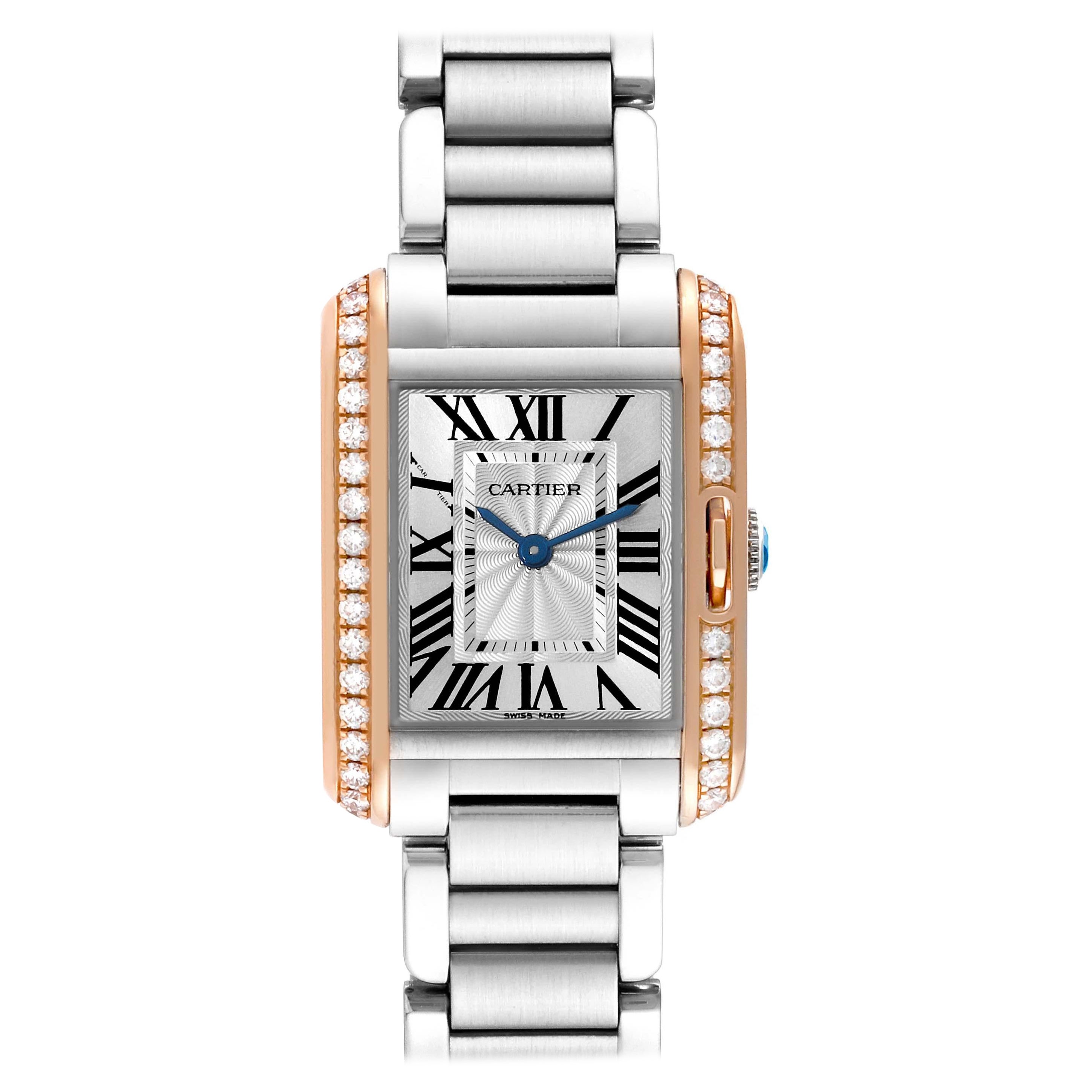 Cartier Tank Anglaise Steel Rose Gold Diamond Ladies Watch W3TA0002 Box Card For Sale