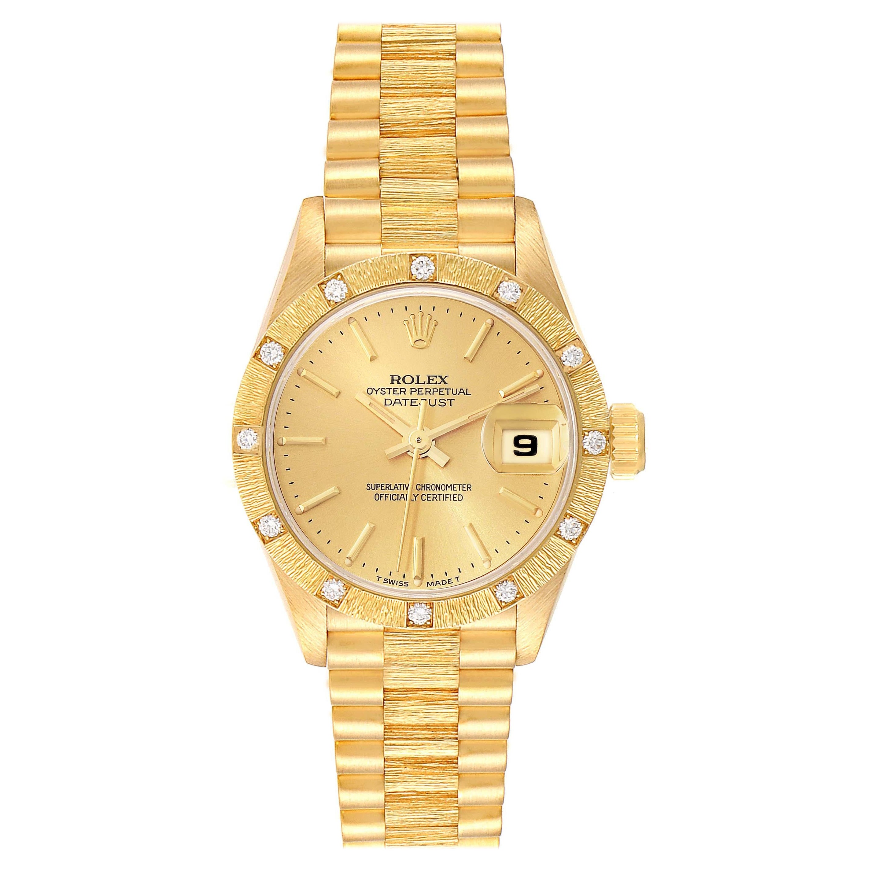 Rolex President Datejust Yellow Gold Diamond Ladies Watch 69288 Box Papers For Sale