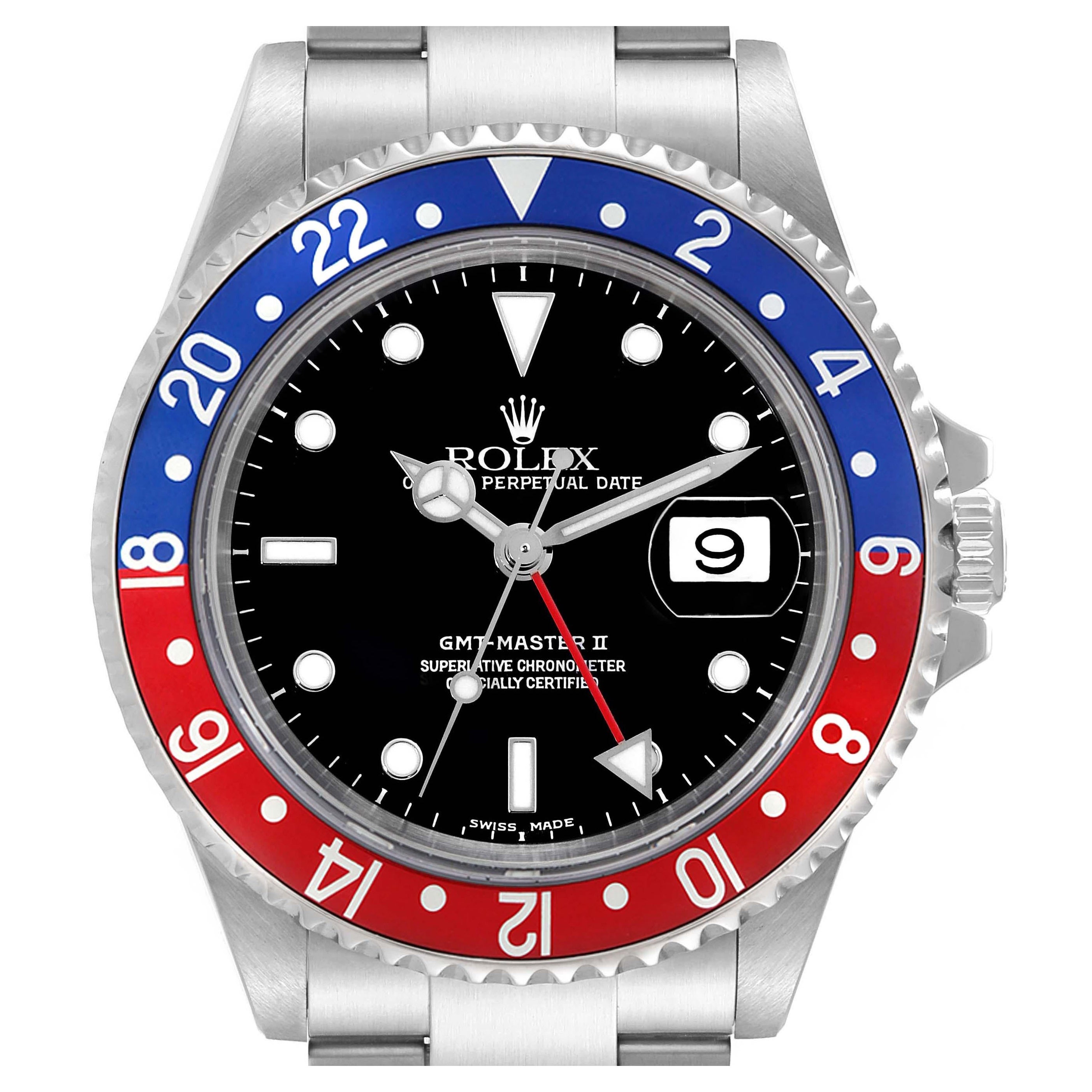 Rolex GMT Master II Blue Red Pepsi Bezel Steel Mens Watch 16710 For Sale