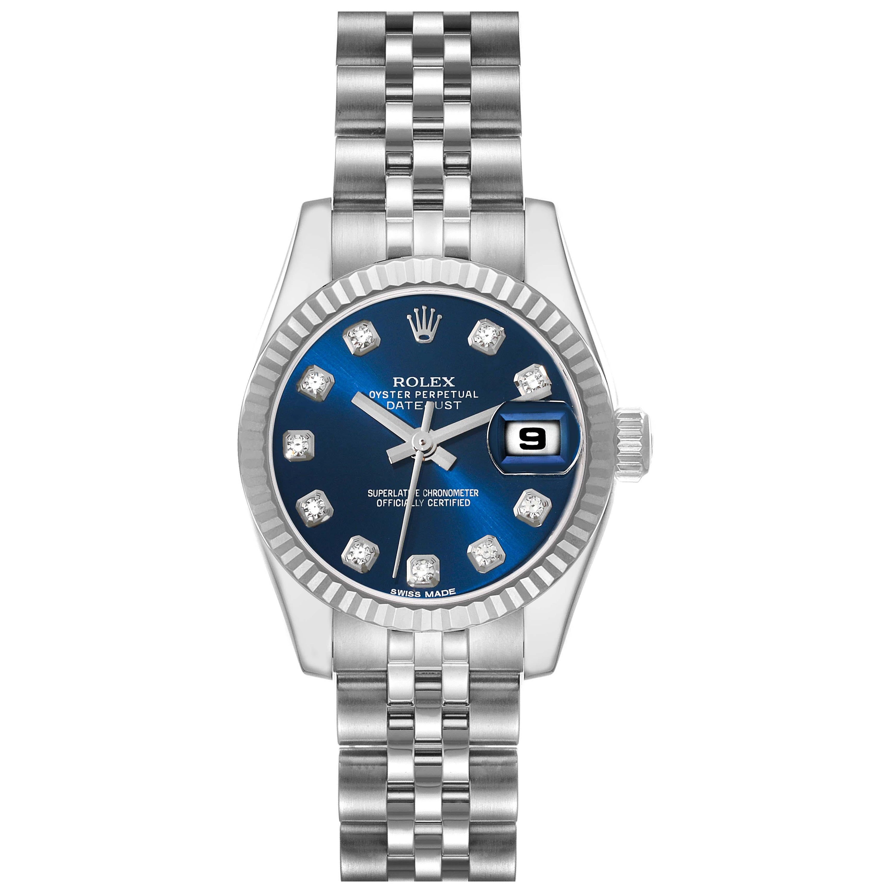 Rolex Montre Datejust en acier, or blanc, cadran bleu et diamants 179174 en vente