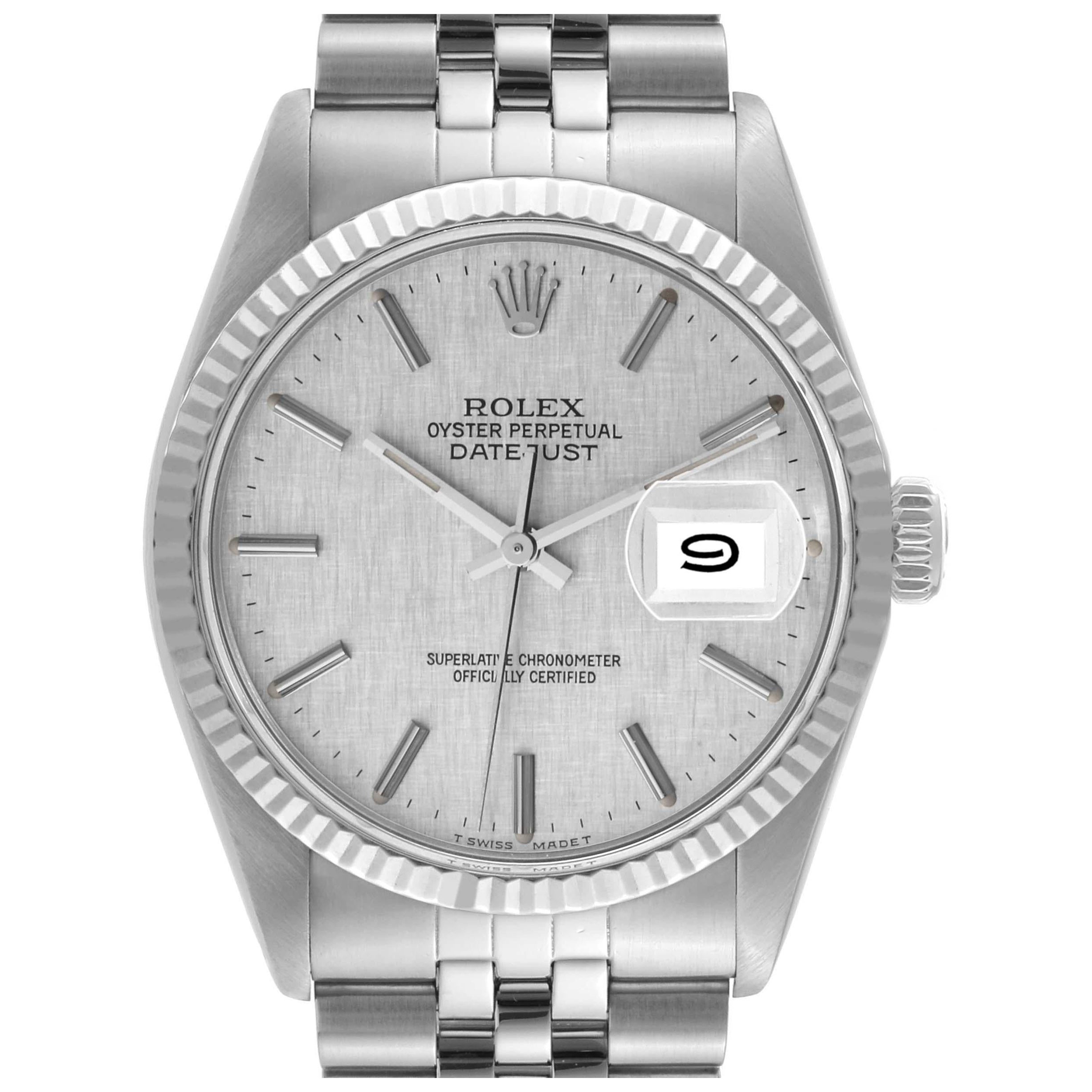 Rolex Datejust Steel White Gold Silver Linen Dial Vintage Mens Watch 16014