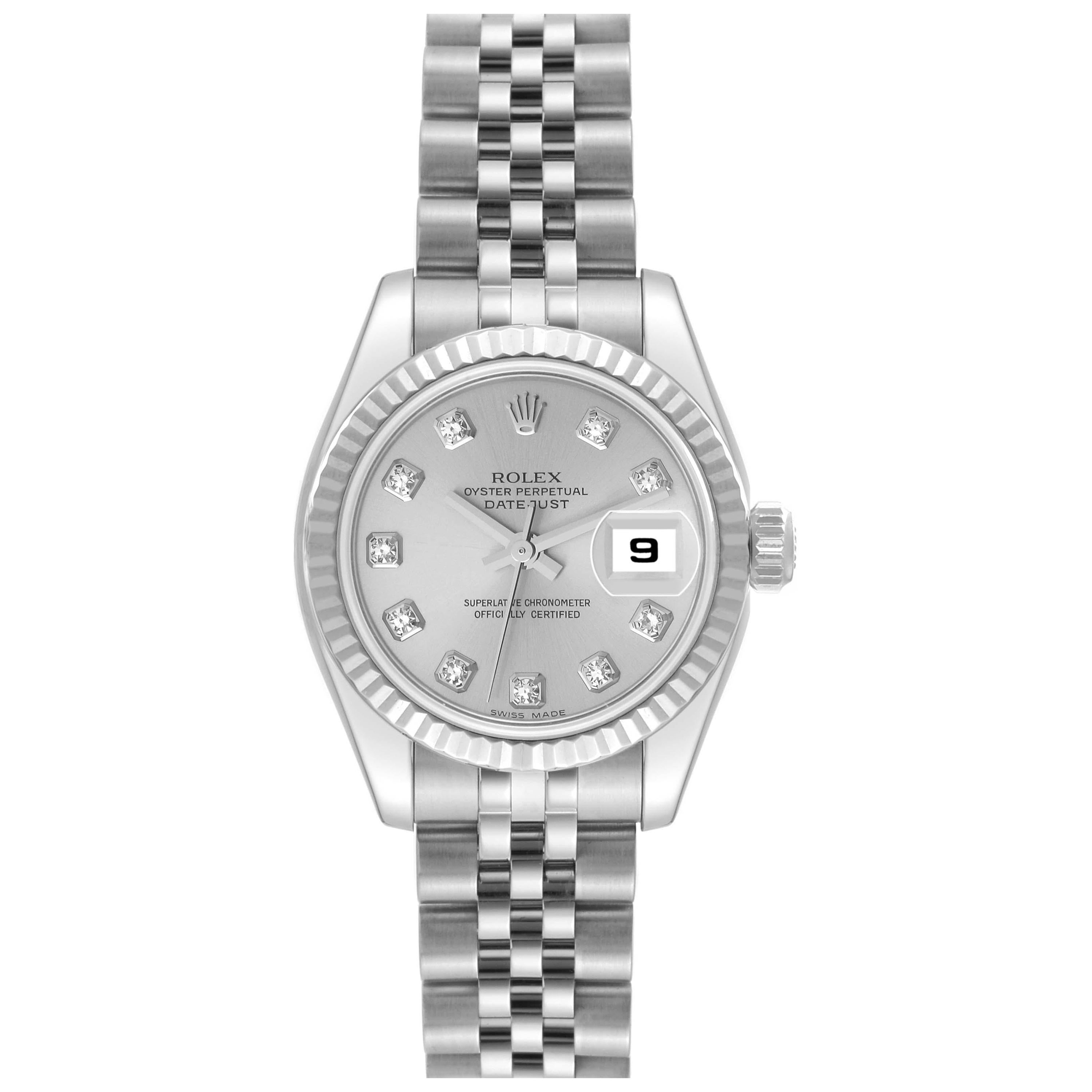 Rolex Montre Datejust en acier, or blanc et argent avec cadran en diamants, pour femmes 179174