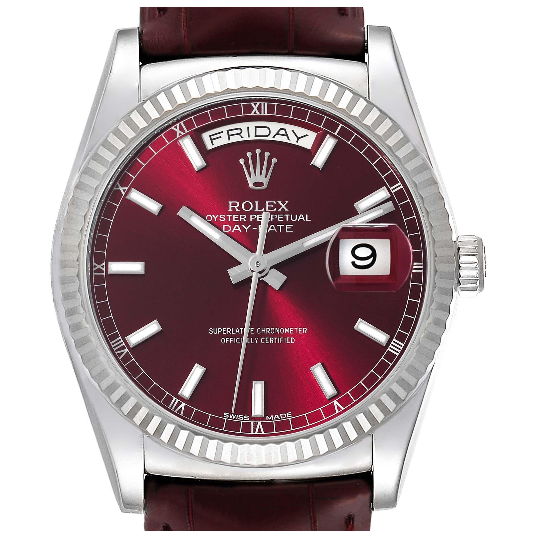 Rolex President Day-Date White Gold Burgundy Dial Mens Watch 118139 Box Card