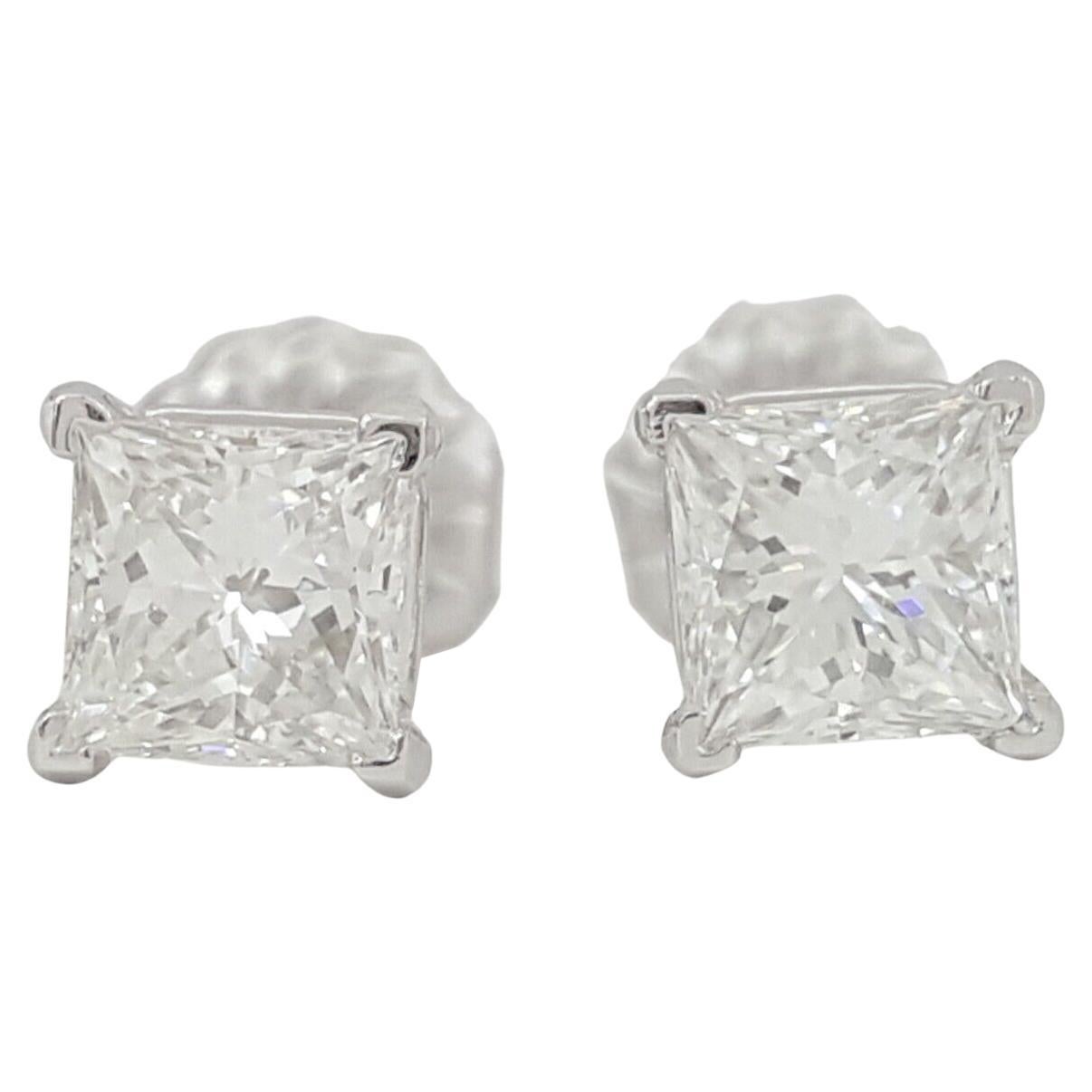 GIA Certified Princess Brilliant Cut Diamond 18K White Gold Stud Earrings  For Sale