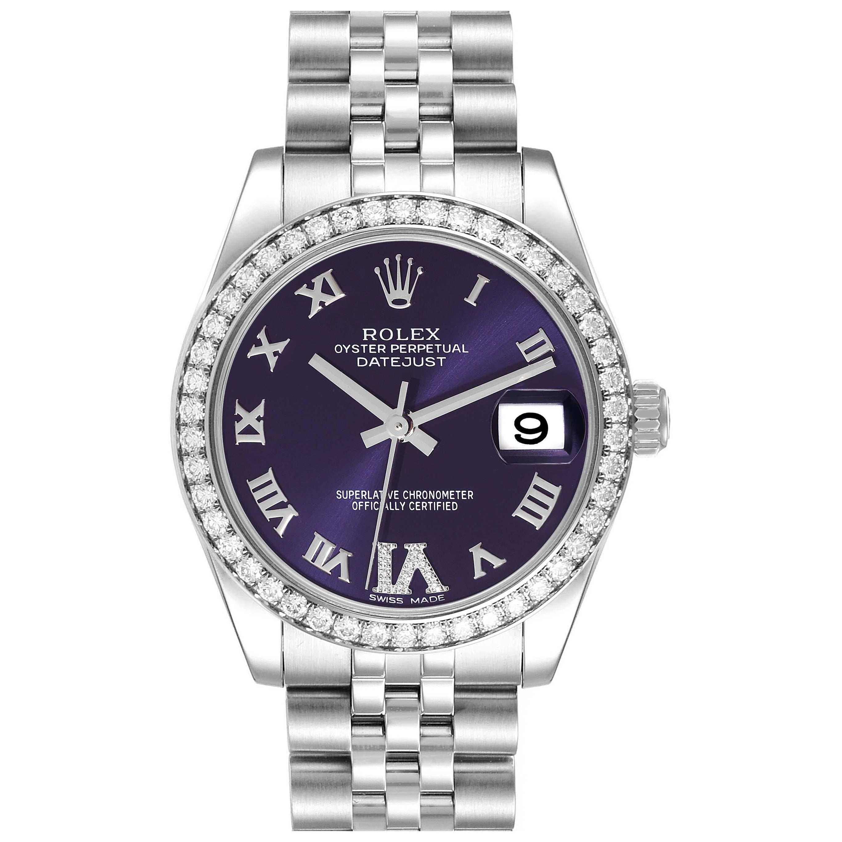 Rolex Datejust Midsize Steel White Gold Purple Dial Diamond Ladies Watch 178384 For Sale