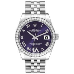 Used Rolex Datejust Midsize Steel White Gold Purple Dial Diamond Ladies Watch 178384