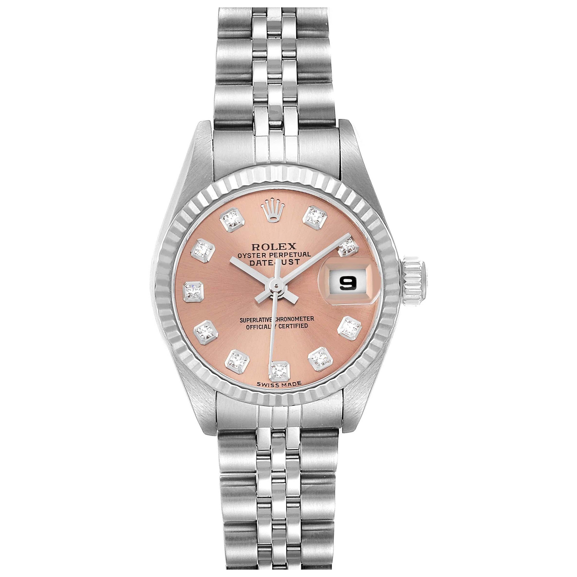 Rolex Datejust Salmon Diamond Dial White Gold Steel Ladies Watch 69174