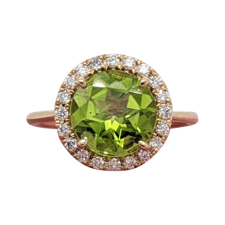 2.7ct Sparkling Peridot Ring w Natural Diamonds in Solid 14k Gold Round 9mm For Sale