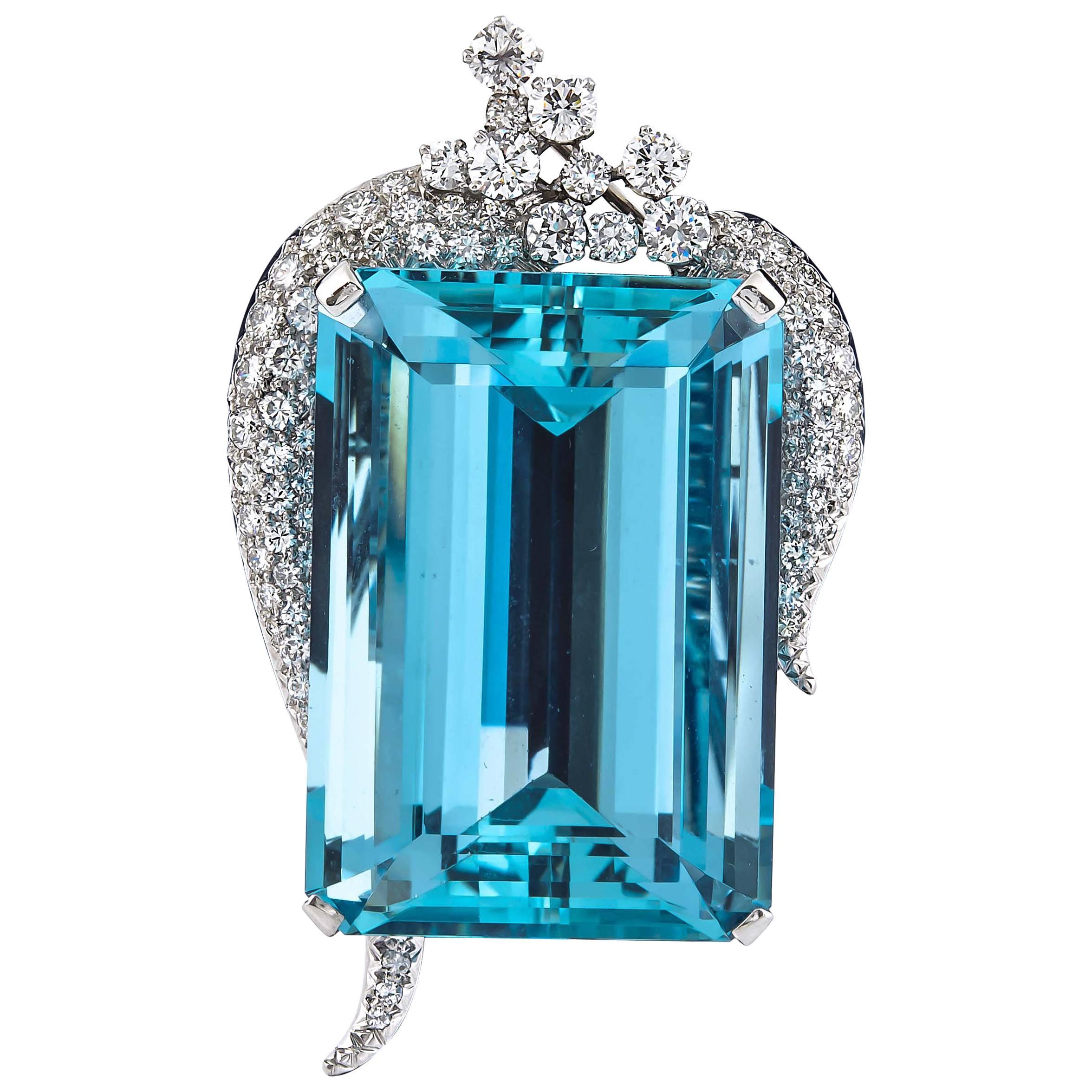 120 Carat Aquamarine Diamond Platinum Pendant Brooch