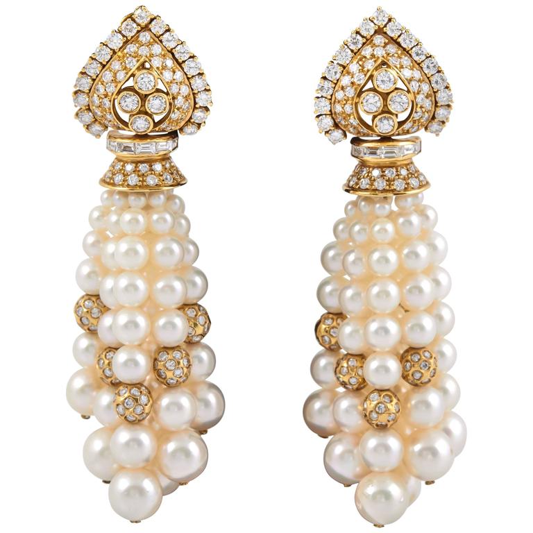 Pearl Diamond Gold Tassel Earrings at 1stDibs