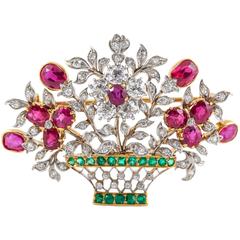 Tiffany & Co. Broche Edwardian Emerald Ruby Diamond Gold Flower Basket Brooch