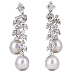 Vintage Fabulous Pearl Diamond Gold Dangle Drop Earrings