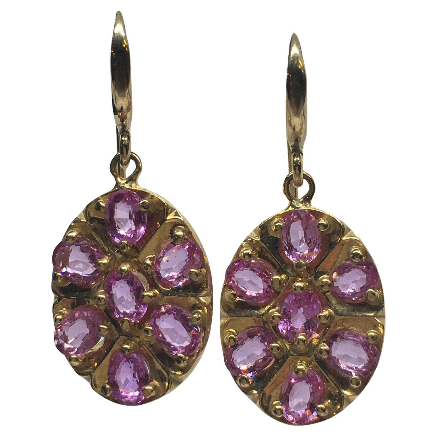 14K Solid Yellow Gold Oval Pink Sapphire Dangling Wire Earrings Hanging For Sale