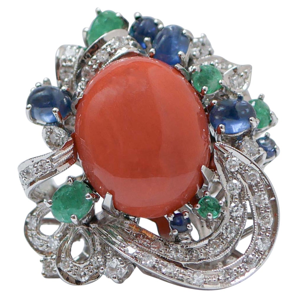 Coral, Emeralds, Sapphires, Diamonds, 14 Karat White Gold Ring.