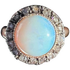 French antique Victorian era 18K gold opal cabochon diamond halo ring