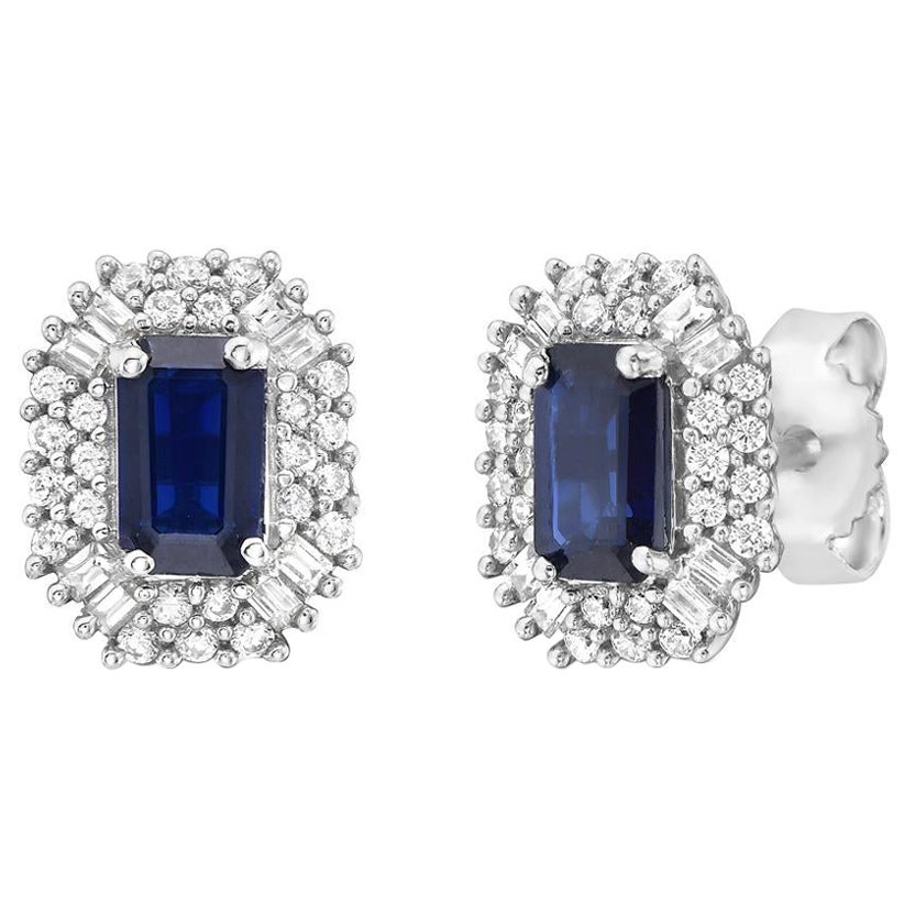 Blue Sapphire and Diamond Double Halo Stud Earrings For Sale