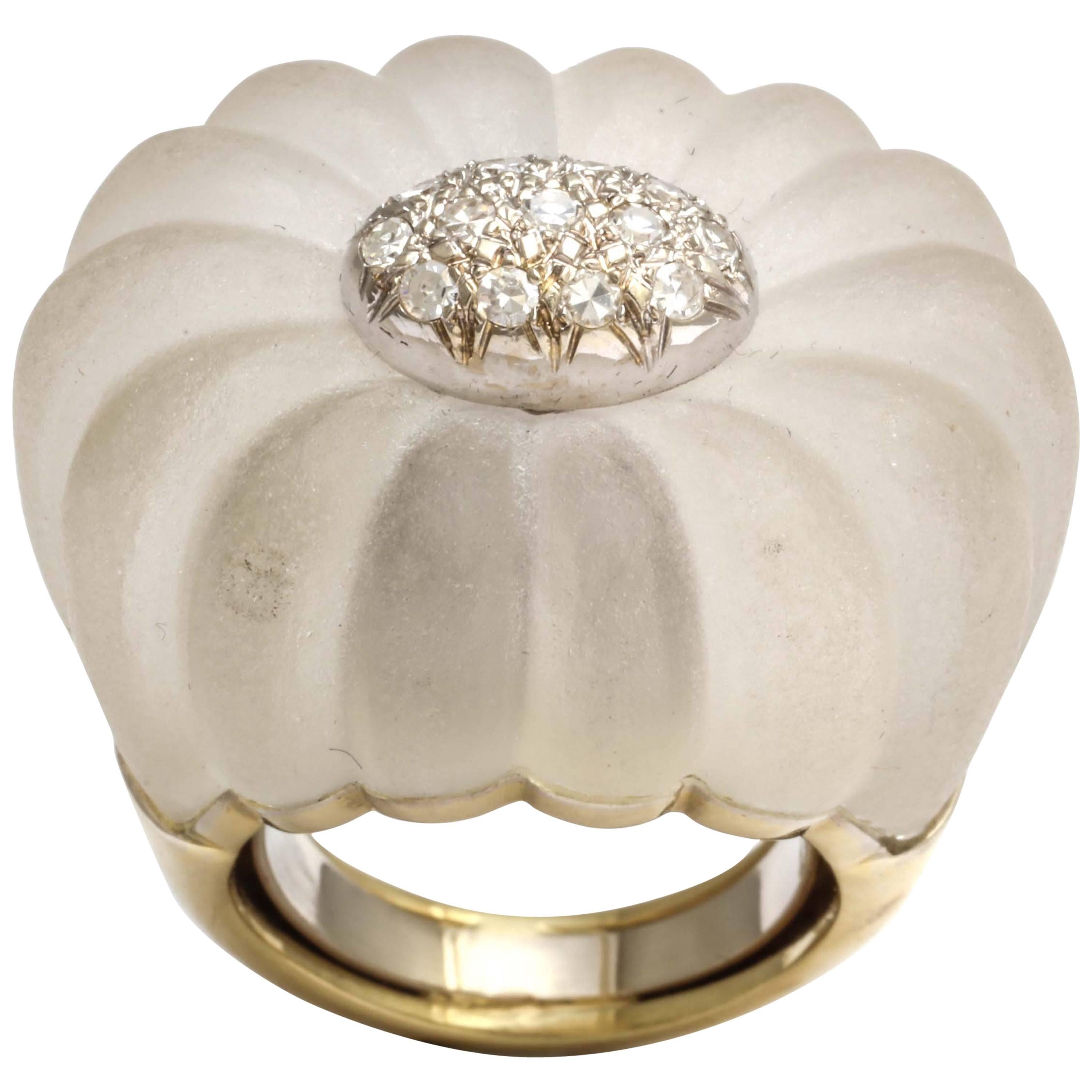 Frosted Rock Crystal Diamond Rosette Gold Ring