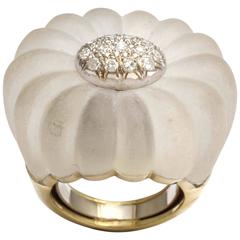 Frosted Rock Crystal Diamond Rosette Gold Ring 6