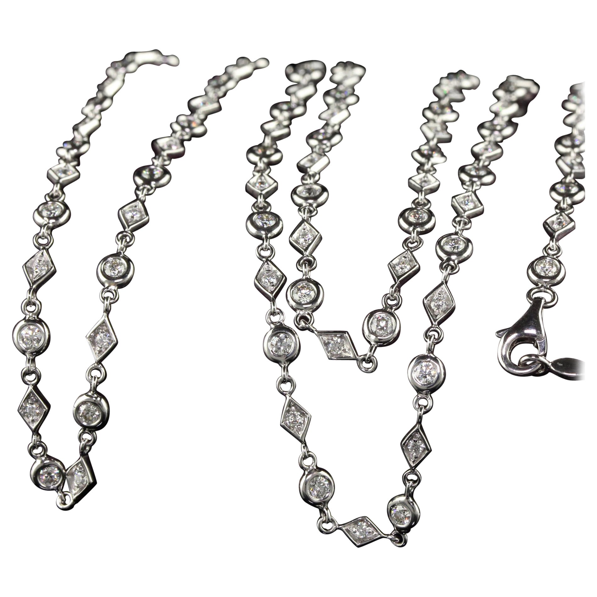 Estate 18K White Gold Italian Diamond Chain By The Yard Necklace - 35 inches For Sale