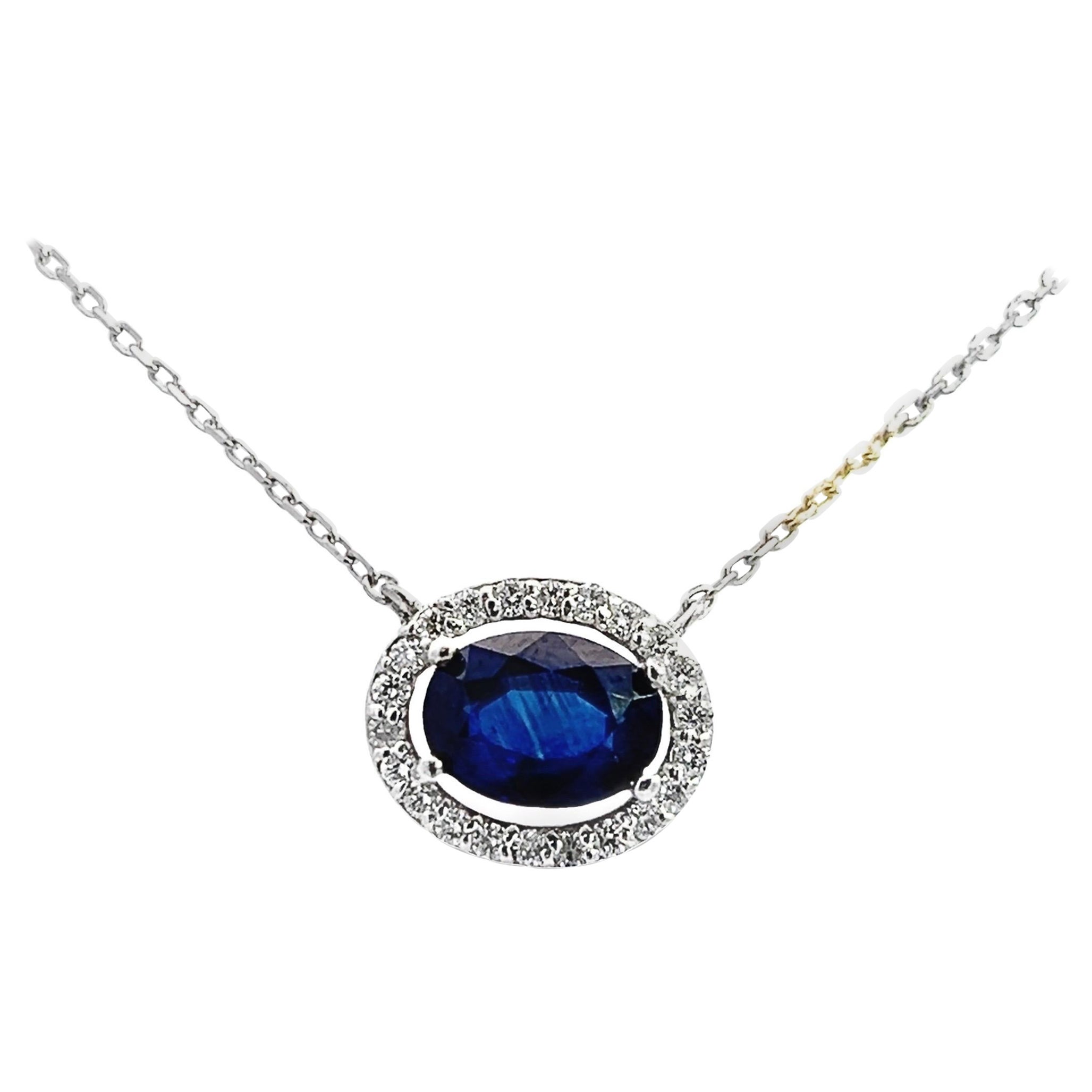 Natural Blue Sapphire Diamond Pendant - East/West For Sale
