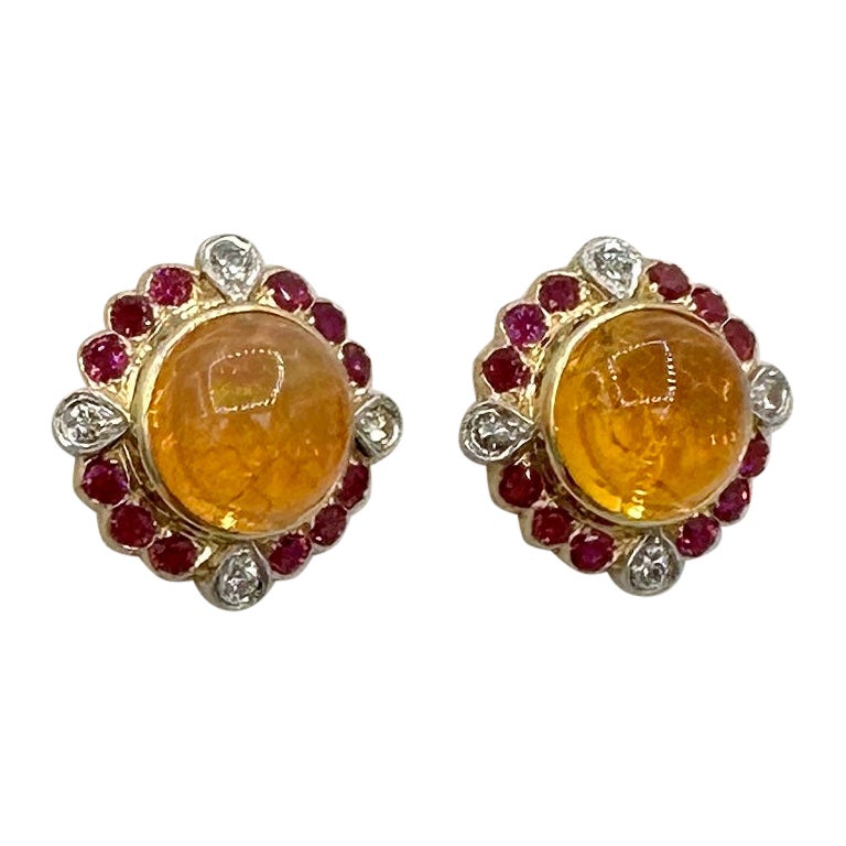 11 Carat Mexican Fire Opal Ruby Diamond Earrings 14 Karat Gold Art Deco Retro For Sale