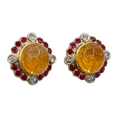 11 Carat Mexican Fire Opal Ruby Diamond Earrings 14 Karat Gold Art Deco Vintage