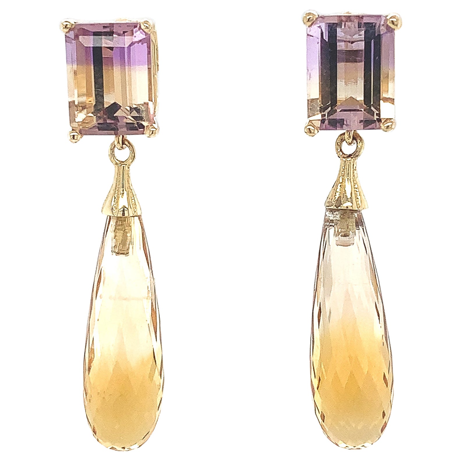 Pair of 14K Yellow Gold Ametrine Earrings with Citrine Briolette Drops For Sale