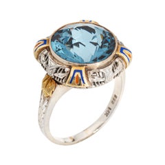 Vintage Art Deco Enamel Cocktail Ring 14k Gold Filigree Jewelry Blue Stone
