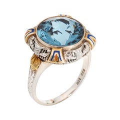 Antique Art Deco Enamel Cocktail Ring 14k Gold Filigree Jewelry Blue Stone 