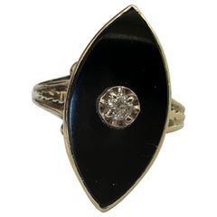 Vintage Mid-Century Black Onyx and Diamond Navette Dinner Ring 