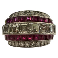 Vintage Art Deco Five Row Ruby and Diamond Band Ring 