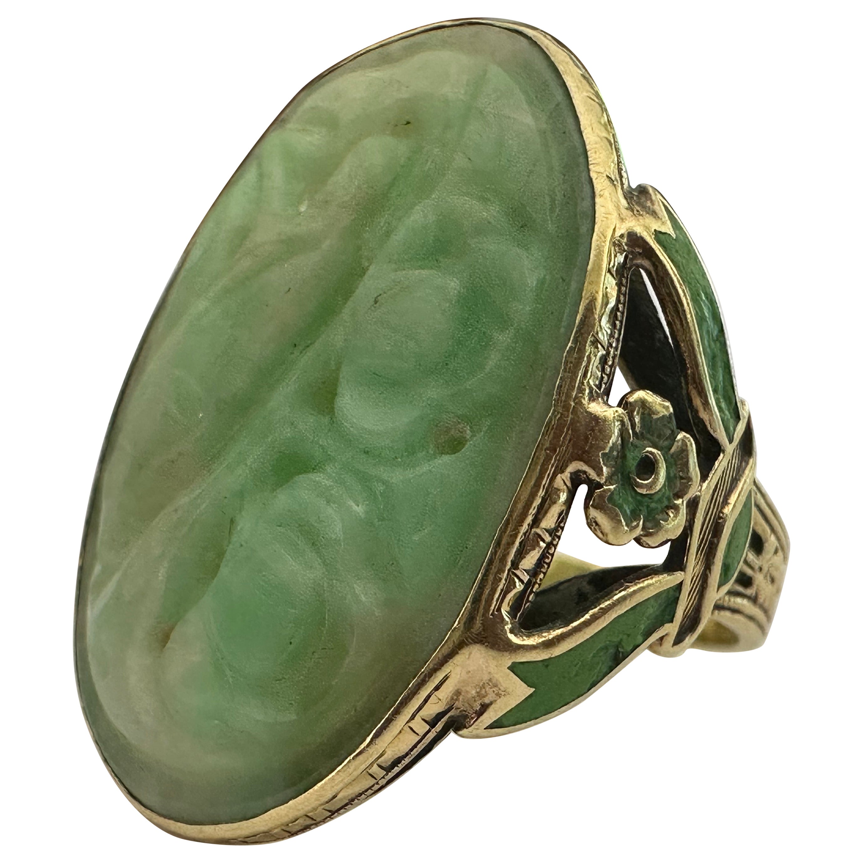 Vintage Carved Jadeite and Green Enamel Cocktail Ring 
