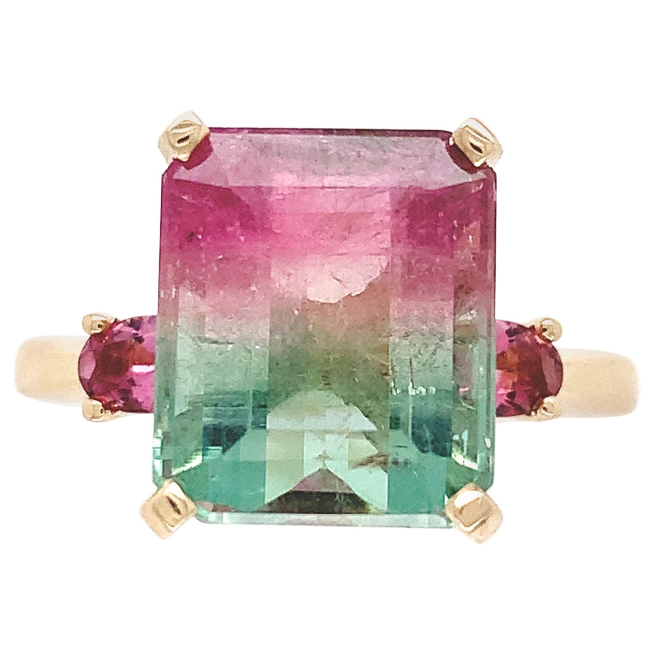 14K Yellow Gold 6.71 carat Bi-color Watermelon Tourmaline Ring