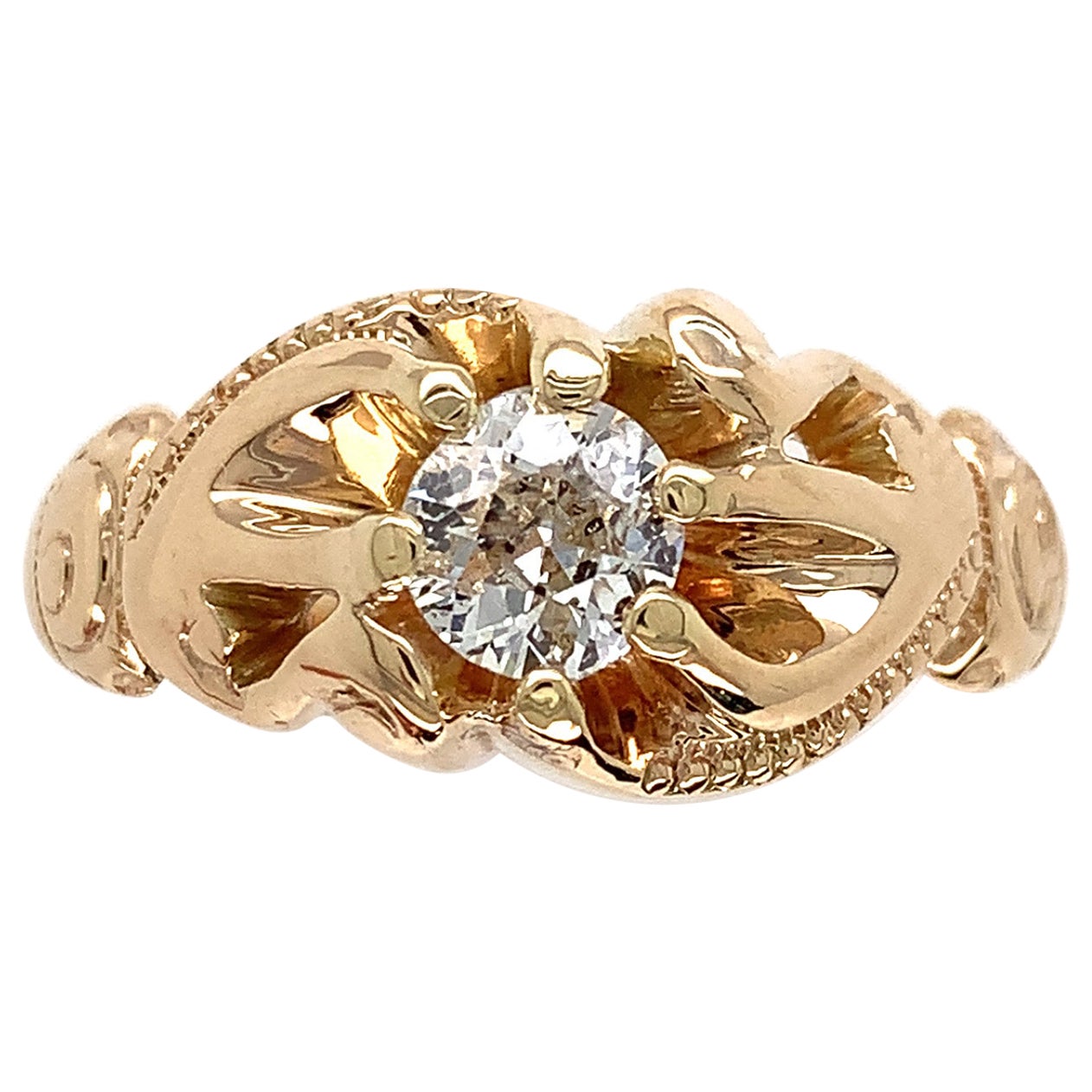 14K Yellow Gold Victorian Fancy Belcher .50ct Diamond Men's Ring For Sale