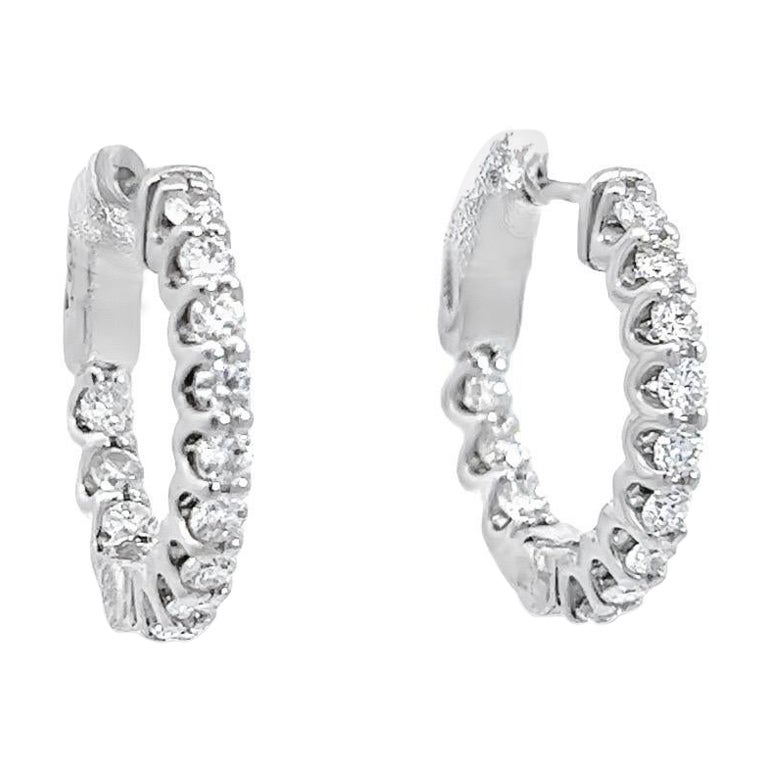 Diamond Hoops with Natural Diamonds in 14k White Gold For Sale
