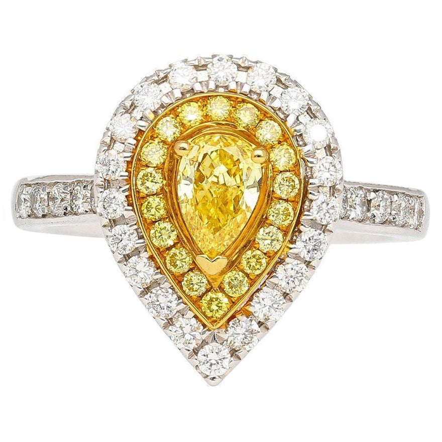 EGL Certified 1.05 Carat Fancy Vivid Yellow Diamond Pear Shape Ring For Sale