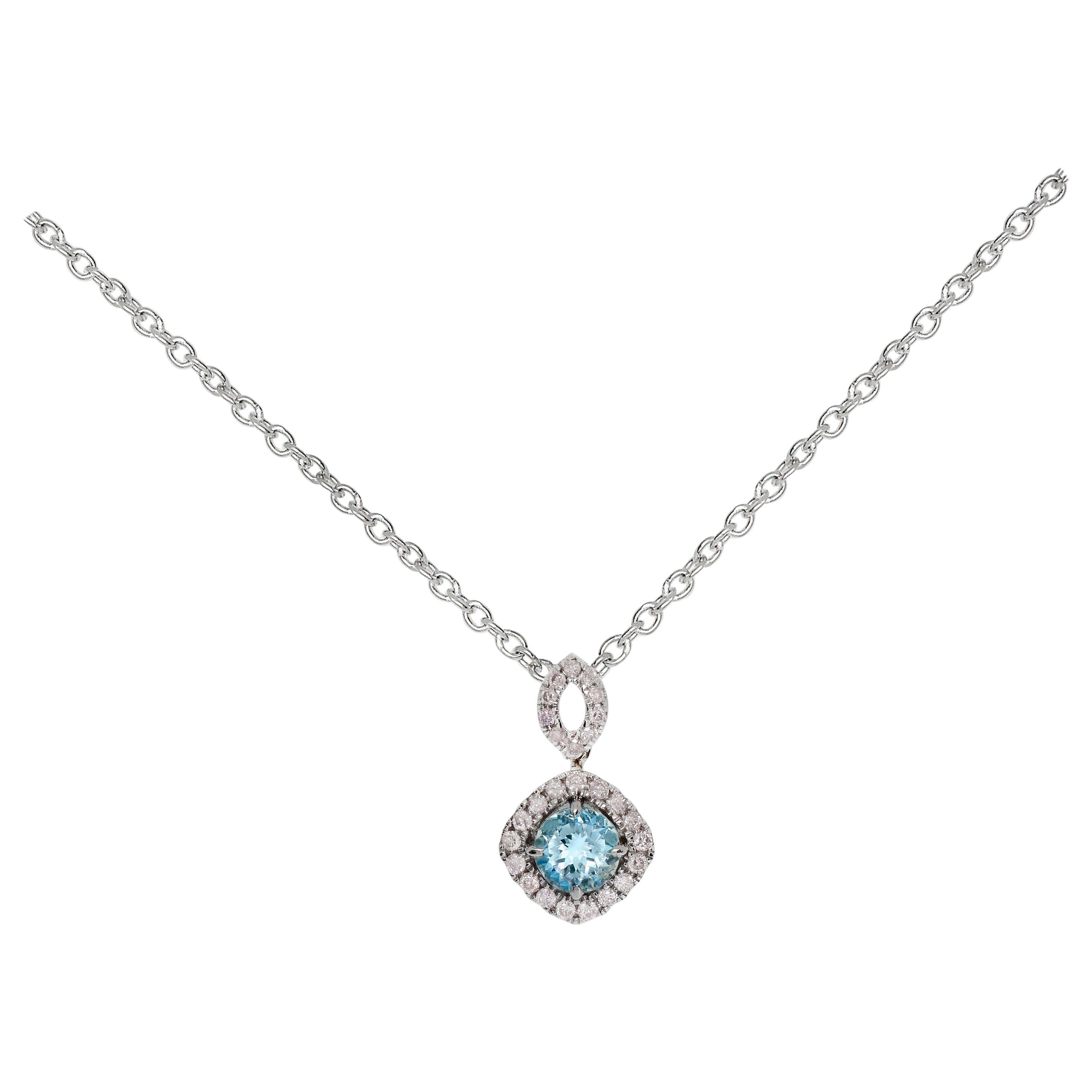 Collier pendentif IGI 14 carats aigue-marine et diamants roses 0,81 carat
