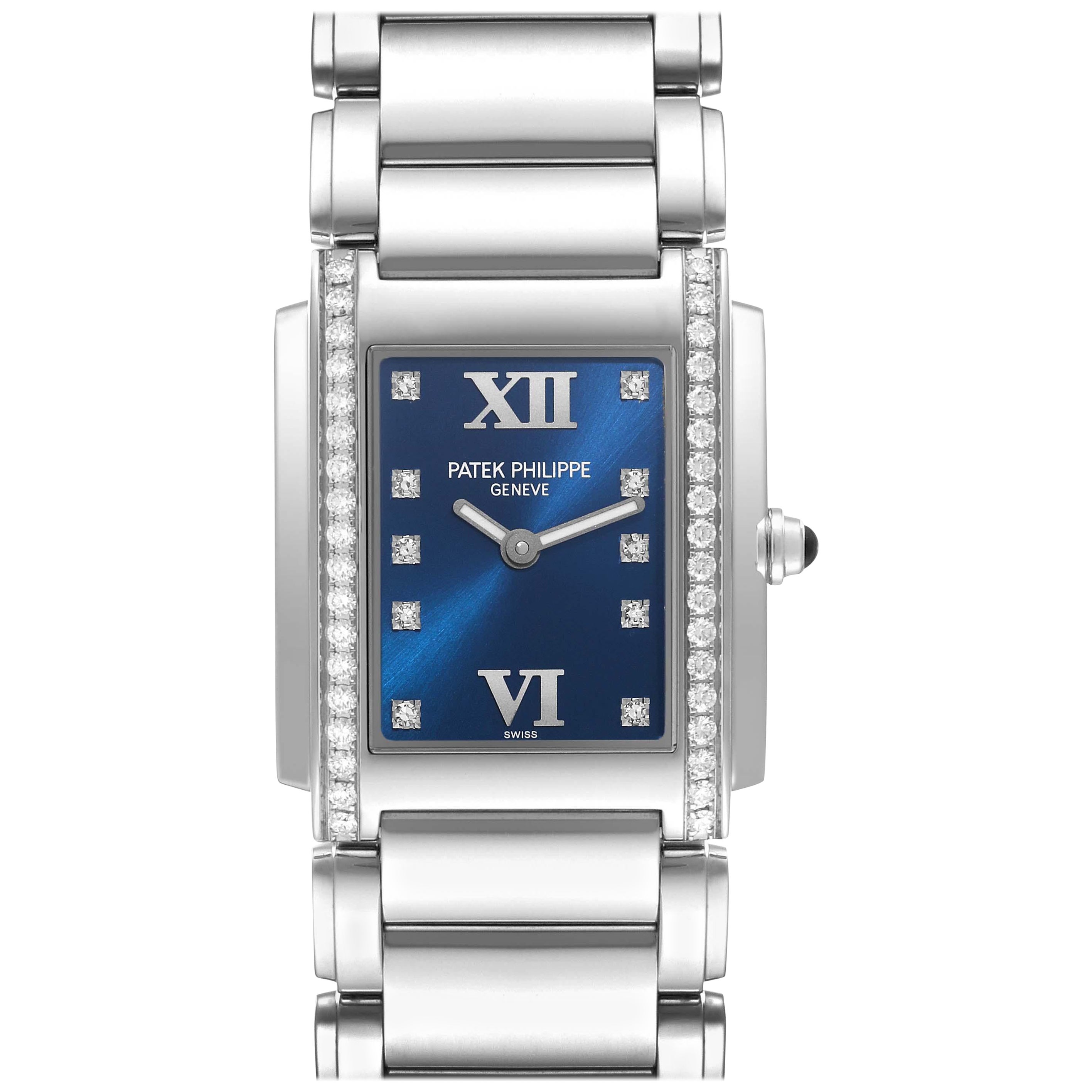 Patek Philippe Twenty-4 Blue Dial Steel Diamond Ladies Watch 4910 Papers