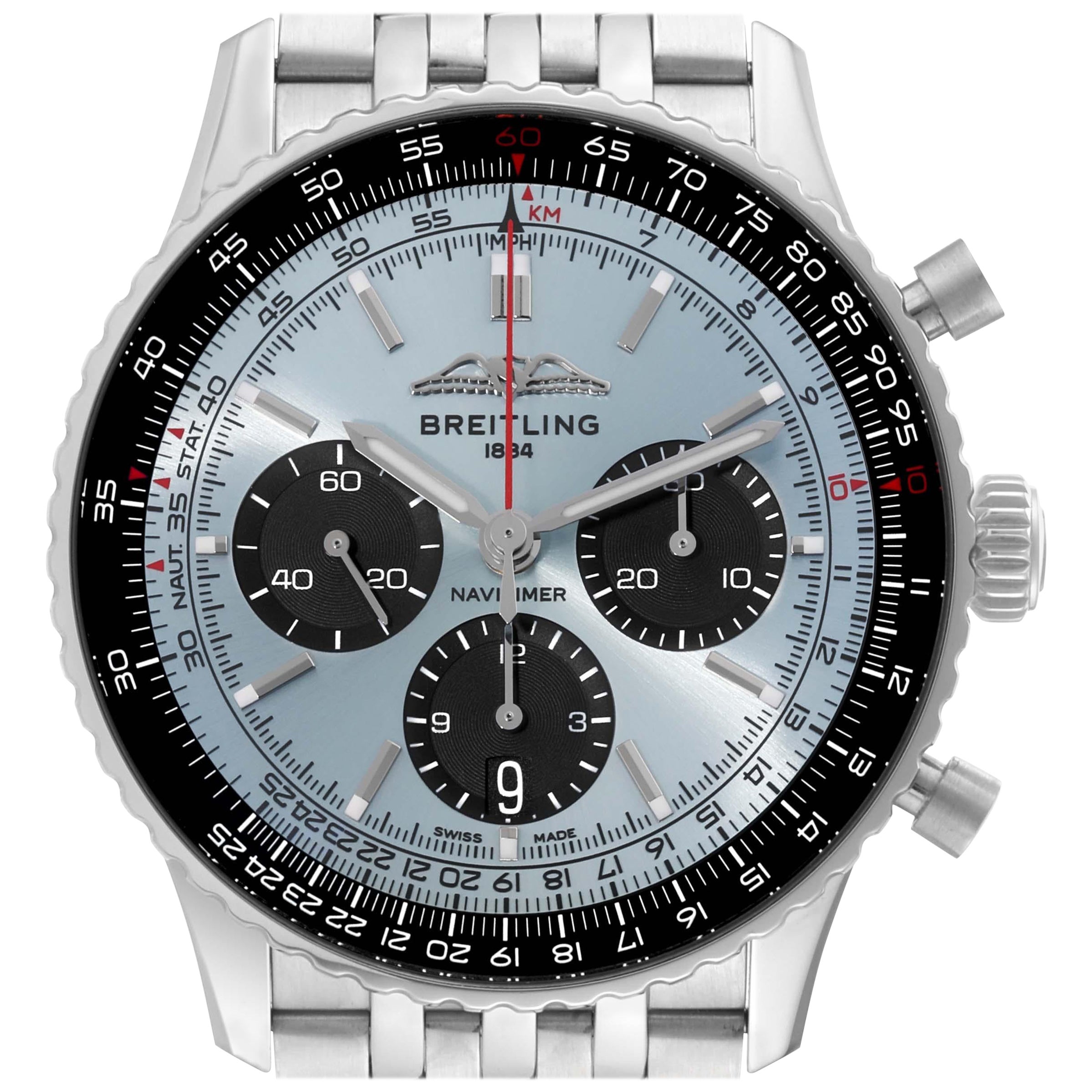 Breitling Navitimer B01 Stahl-Herrenuhr AB0138 mit blauem Zifferblatt und Karton im Angebot