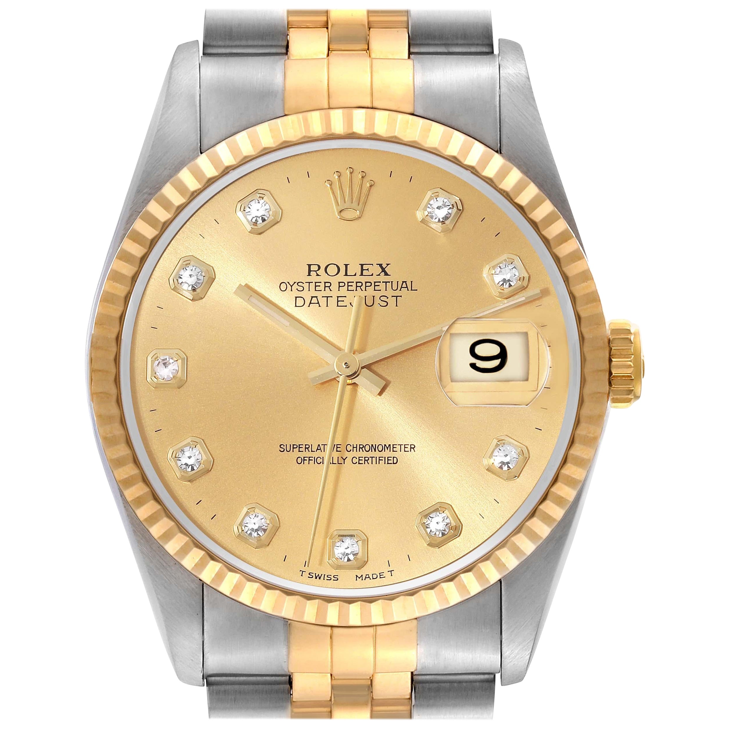 Rolex Datejust Diamond Dial Steel Yellow Gold Mens Watch 16233 Box Papers For Sale
