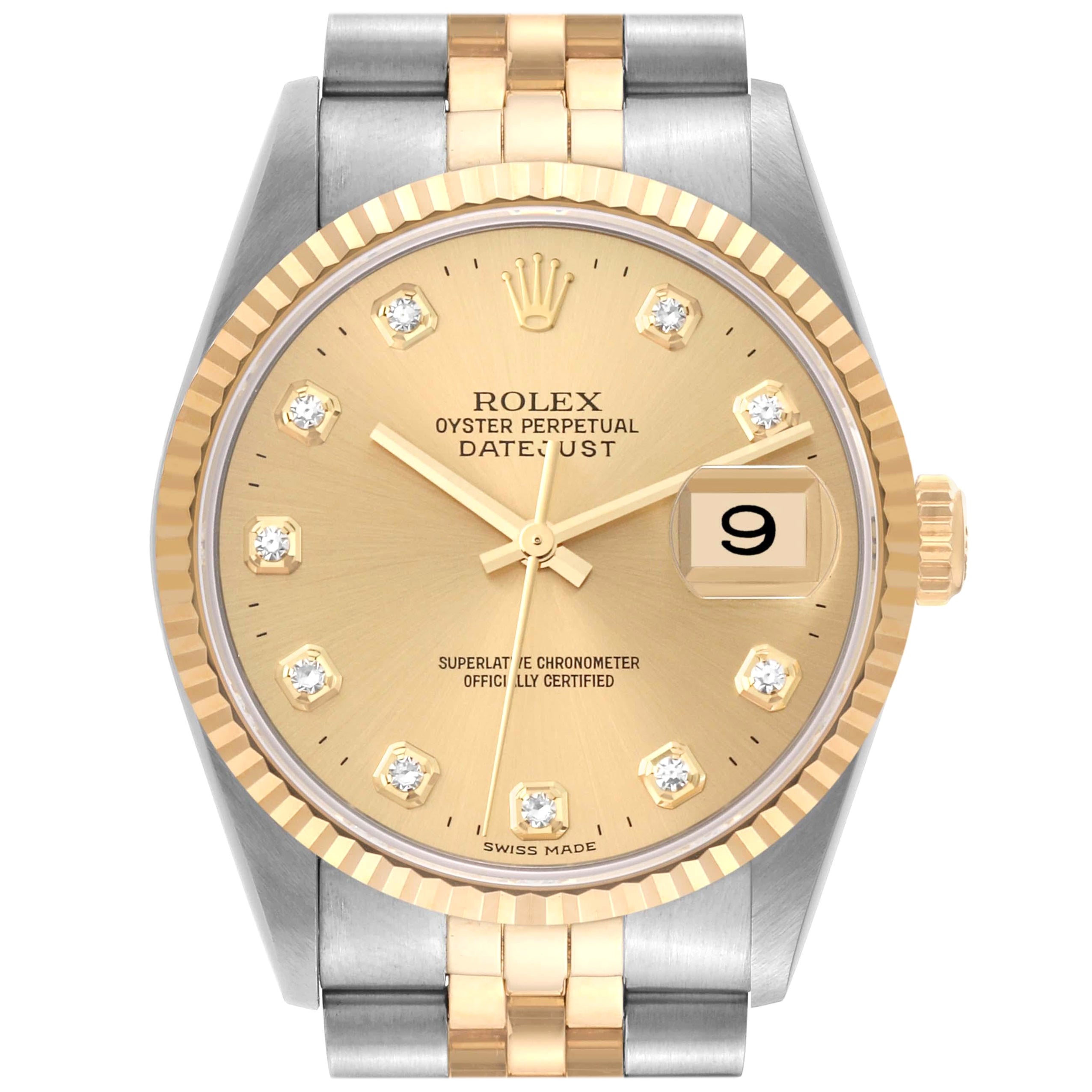 Rolex Datejust Diamond Dial Steel Yellow Gold Mens Watch 16233 Box Papers For Sale