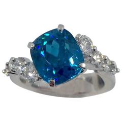 G. Minner 5.85 Carat Blue Zircon Diamond Gold Ring