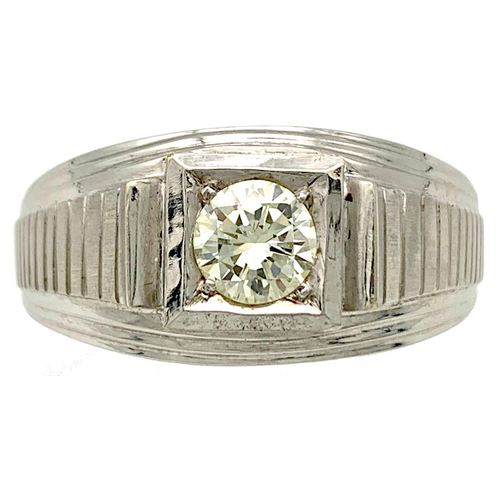 Antique Art Deco Gents 14 Karat White Gold 0.50 Brilliant Cut Diamond Ring  For Sale