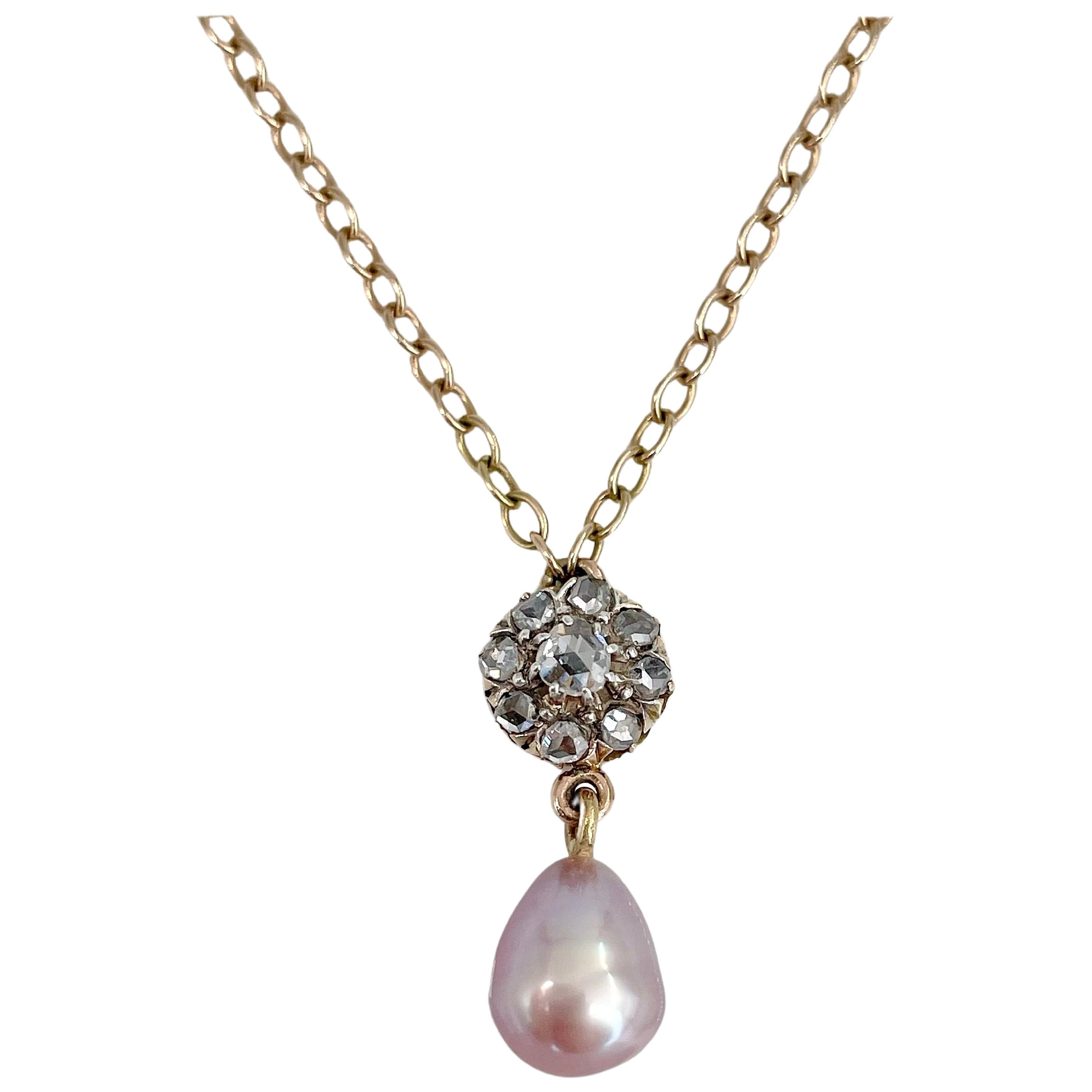 Edwardian 18 Karat Yellow Gold Pearl Rose Cut Diamond Pendant Chain Necklace For Sale