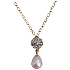 Antique Edwardian 18 Karat Yellow Gold Pearl Rose Cut Diamond Pendant Chain Necklace