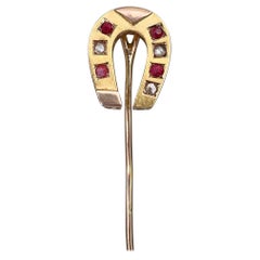 Victorian 18 Karat Gold Rose Cut Diamond Red Paste Horseshoe Stick Pin Brooch