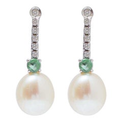 Pearls, Emeralds, Diamonds, 14 Karat White Gold  Tennis Earrings.