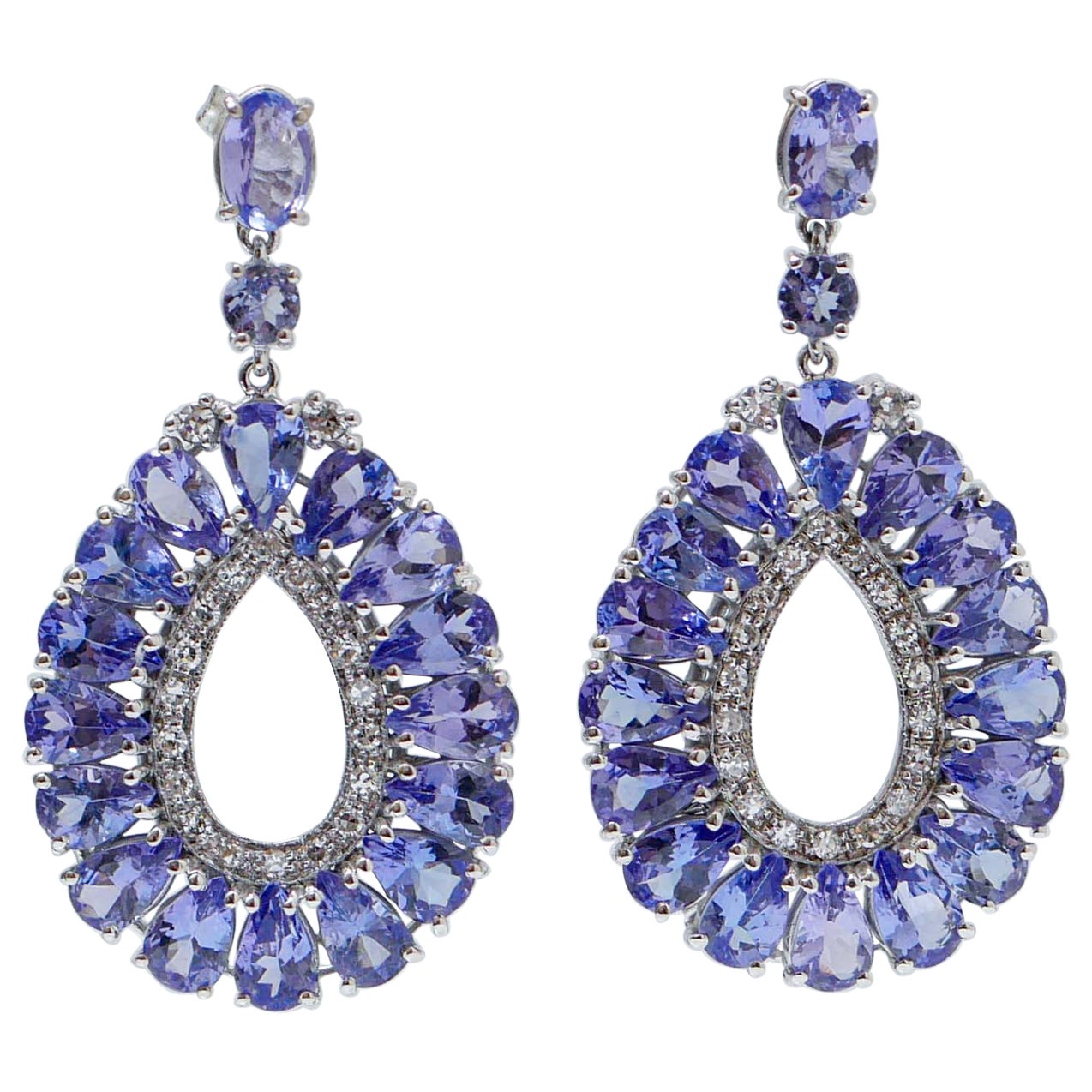 Tanzanite, Diamonds, 14 Karat White Gold Dangle Earrings. For Sale